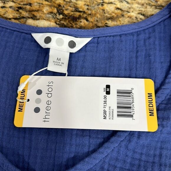 Three Dots Short Sleeve V-Neck Double Layer Cotton Gauze Shirt Size M - Picture 5 of 9